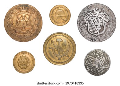 Vintage buttons isolated: British army suffolk regiment soldier's brass Gibraltar, Latvian Military, USSR communication ministry sickle hammer lightning, German tunic WW2, fireman small button.