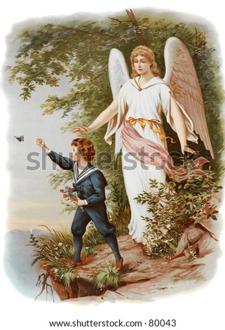 Vintage (c.1895) illustration of guardian angel protecting children.