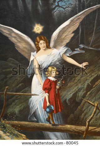 Vintage (c.1895) illustration of guardian angel protecting children.