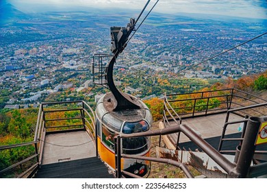 Vintage cable car. Cableway to the top of Mount Beshtau, Caucasian Mineral Waters. One of the sights of Pyatigorsk, Russia. Caucasian Mineralnye Vody region. Trip to viewpoints in the mountains.