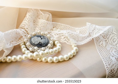 Vintage Cameo, Pearls And Lace