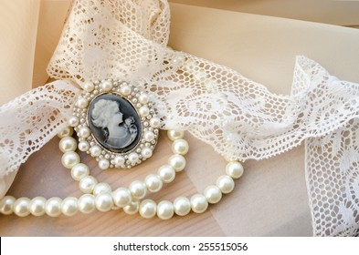 Vintage Cameo, Pearls And Lace