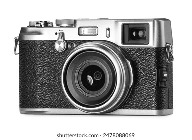 Vintage camera isolated on white. Photographer's equipment