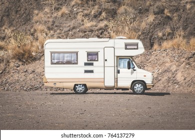 Vintage Camping Bus, Rv Camper In Desert Landscape,