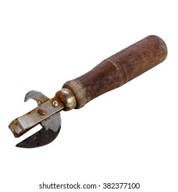 Vintage Can Opener With The Wooden Handle On A White Background