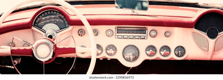 Vintage car dashboard and steering wheel. Retro car vintage style. - Powered by Shutterstock