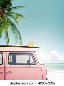 Vintage Car Parked On The Tropical Beach (seaside) With A Surfboard On The Roof