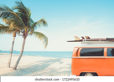 Vintage Car Parked At The Tropical Beach (seaside) With A Surfboard On The Roof - Leisure Trip In The Summer. Retro Color Effect