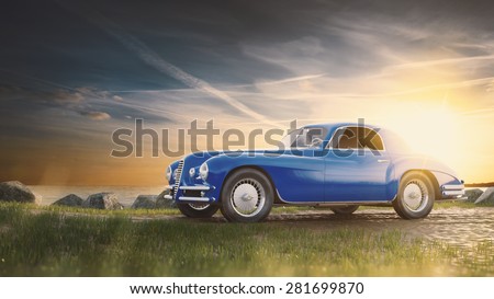Vintage car staying at sunset.