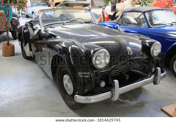 Vintage car Triumph TR2, British car\
maker, Bossaert Museum in Lo-Reninge, Belgium,\
08-27-2020