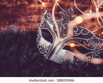Vintage carnival mask. Top view, closeup, nobody. Preparing for the holidays - Shutterstock ID 1888359046