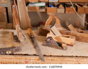Vintage carpentry tools on  a work bench