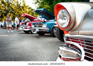 Vintage cars on display at  classic automotive exhibition. 