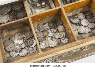 Vintage Cash Register Money Drawer With Old US Coins.