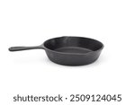 Vintage cast iron pan with drip top. Round frying pan made of cast iron. Seasoned pan used to cook evenly on stove top and oven save. Vintage black cookware. White background. Selective focus.