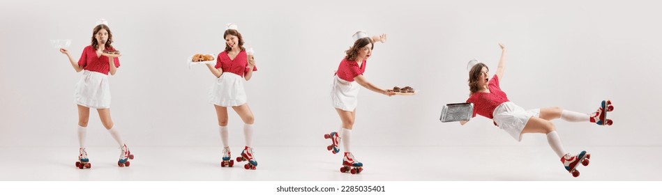 Vintage cater in cafe. Collage with emotional excited young girl, stylish retro waitress in american fashion style uniform rollerblade . Banner. Concept of retro style, vintage, fashion, beauty, ad - Powered by Shutterstock