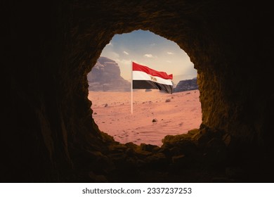 Vintage cave with With the flag of Egypt in the Sinai desert