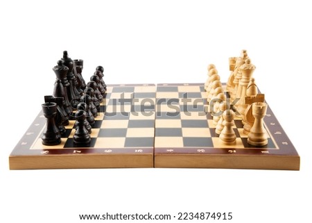 Vintage chess board with checkers, pawns, knights, rooks, bishops, queen and king, black and white colors. Chess board game for ideas and competition and strategy, business success concept.