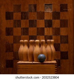 Vintage Chess Board And Toy Wooden Bowling Pin Set