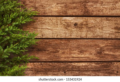 Vintage Christmas Background - Old Planked Wood Board With Pine Tree Branch