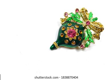 Vintage Christmas Brooch Or Pendant Green Ball With Pink Rhinestone