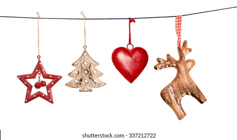 Vintage Christmas Decorations Hanging On String Isolated On White Background