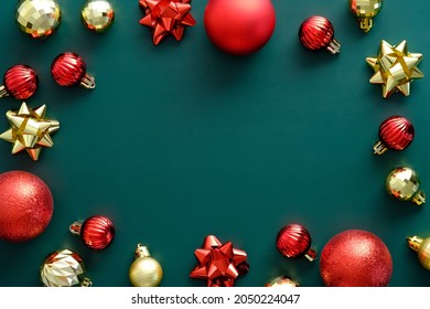 Vintage Christmas Frame Made Of Red And Golden Balls On Green Background. New Year Greeting Card Design, Christmas Banner Mockup.