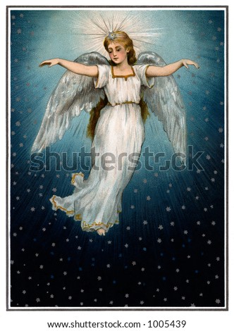 A vintage Christmas illustration of a angel flying in a starry night sky (circa 1890)