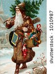 A vintage Christmas illustration of Father Christmas with a bag of gifts (circa 1890)