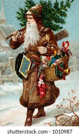 A vintage Christmas illustration of Father Christmas with a bag of gifts (circa 1890)