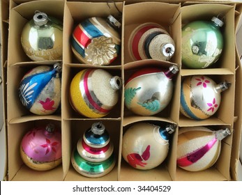 Vintage Christmas Ornaments In Their Original Box.