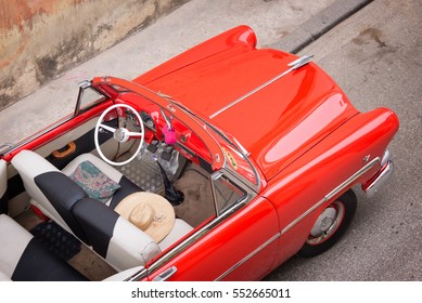 Vintage Classic American Car, View From Above In Havana, Cuba