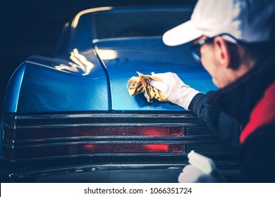 Vintage Classic Car Cleaning. Blue American Muscle Car Cleaned By His Passionate Owner.