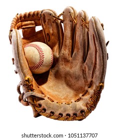Vintage classic leather baseball glove from the palm side with the ball in it in close-up isolated on white background