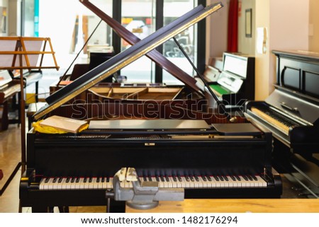 Vintage classical musical instruments in a music store