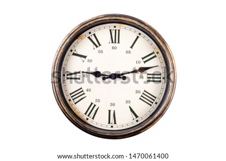 Vintage clock by roman numerals as hour numbers and arabic numerals as minute numbers, old clock in circle shape isolated on white background
