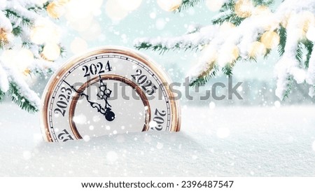 Vintage clock in the snow and points to the new year 2024. Beautiful winter background with fir trees and lights. New Year and Christmas Countdown, creative idea. 