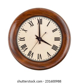 Vintage Clockface Showing Four O'clock In Wooden Frame Isolated Over White