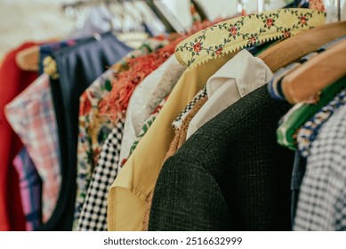 Vintage clothes hanging on hangers at a fair - Powered by Shutterstock