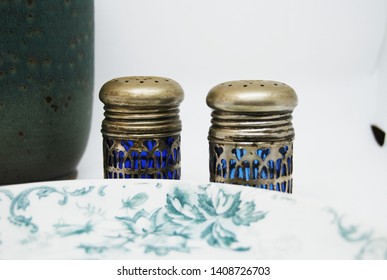 Vintage Cobalt Blue Glass And Silver Plated Salt & Pepper Shakers 