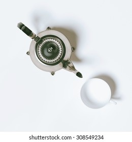 Vintage Coffee Pot And Empty Cup Top View