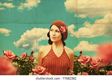 Vintage-Collage mit Schönheit junge Frau in Rosen, Retromuster