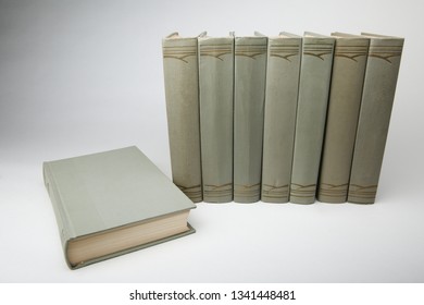 Vintage Collected Works Of Eight Volumes Isolated On A White Background. Old Books From The Same Series. 