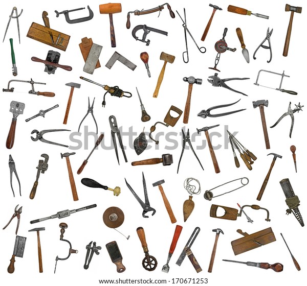 Vintage Collectible Tools Mix Collage Over Stock Photo (Edit Now) 170671253