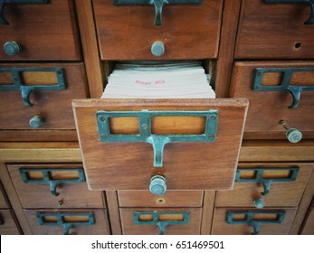 Vintage color image for open wooden boxes with index cards in library, Selective focus and Close up image
