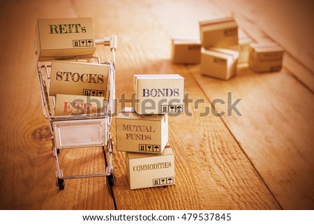 Vintage color style : Cartons of financial investment products in a shopping cart i.e REITs, stocks, ETFs, bonds, mutual funds, commodities. A concept of portfolio management with risk diversification