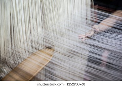 Vintage Color Thread Behind A Manual Wood Loom, Old Weaving Loom.