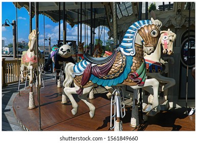           Vintage Colorful Carousel On A Bright Sunny Day Located In Barefoot Landing, Myrtle Beach, South Carolina