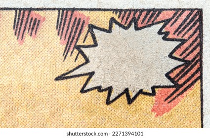 Vintage comic book page with an empty white text bubble and dot printing pattern on a paper texture background - Shutterstock ID 2271394101