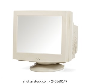 Vintage Computer Monitor With A Blank Screen Viewed At An Angle Isolated On White